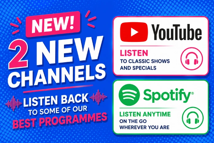 Promotional graphic announcing Sheffield Hospital Radio's two new channels on YouTube and Spotify.
